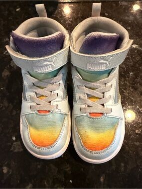 Puma Kids High-Top Sneakers in White with Rainbow Gradient Toe